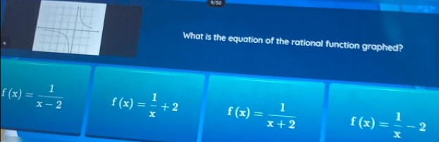 What is the equation of the rational function graphed?
f(x)= 1/x-2  f(x)= 1/x +2 f(x)= 1/x+2  f(x)= 1/x -2