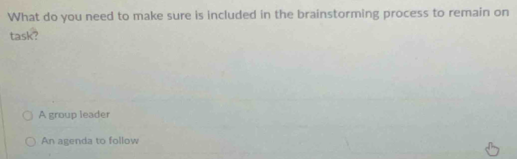 What do you need to make sure is included in the brainstorming process to remain on 
task? 
A group leader 
An agenda to follow