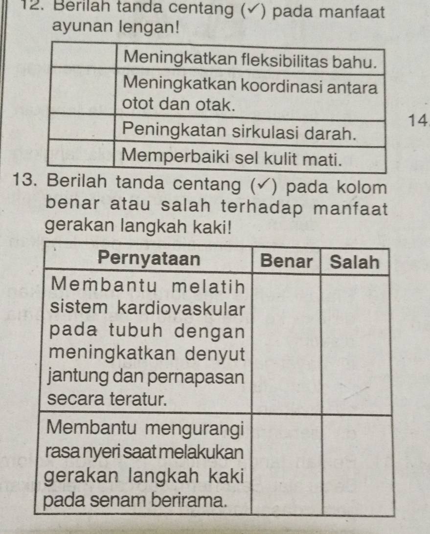 Berilah tanda centang (√) pada manfaat 
ayunan lengan! 
4 
13. Berilah tanda centang (√ ) pada kolom 
benar atau salah terhadap manfaat 
gerakan langkah kaki!