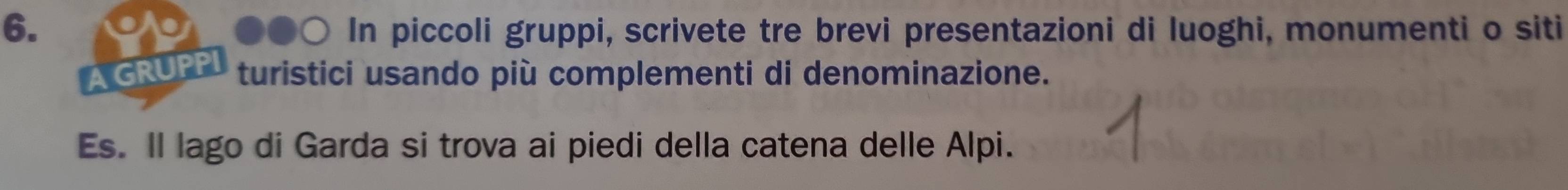 In piccoli gruppi, scrivete tre brevi presentazioni di luoghi, monumenti o siti 
AGRUPPI turistici usando più complementi di denominazione. 
Es. Il lago di Garda si trova ai piedi della catena delle Alpi.