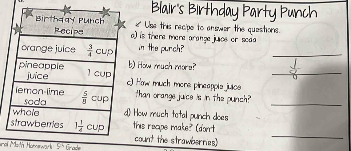 1
_
How much more pineapple juice
than orange juice is in the punch?_
How much total punch does
this recipe make? (don't
count the strawberries)
_
ral Math Homework: 5^(th) Grade