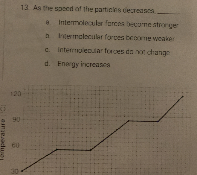 As the speed of the particles decreases, _.
a. Intermolecular forces become stronger
b. Intermolecular forces become weaker
c. Intermolecular forces do not change
d. Energy increases
120
90
60
30