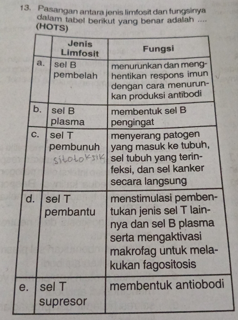 Pasangan antara jenis limfosit dan fungsinya 
dalam tabel berikut yang benar adalah .... 
i