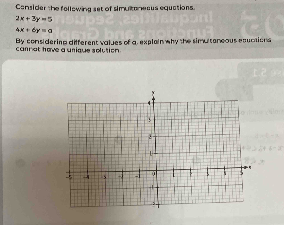 Consider the following set of simultaneous equations.
2x+3y=5
4x+6y=a
By considering different values of a, explain why the simultaneous equations
cannot have a unique solution.