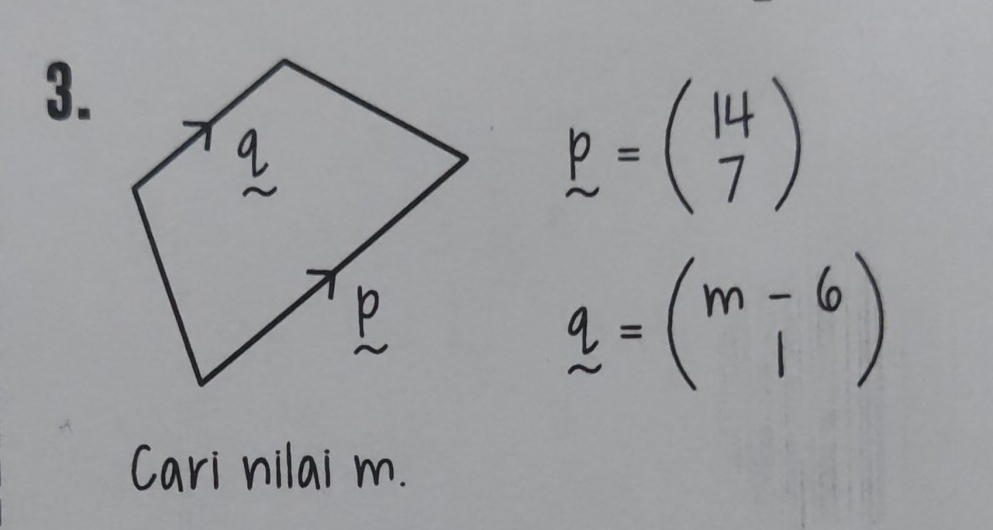 p=beginpmatrix 14 7endpmatrix
q=beginpmatrix m-6 1endpmatrix
Cari nilai m.