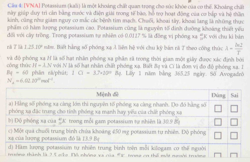 [VNA] Potassium (kali) là một khoáng chất quan trọng cho sức khỏe của cơ thể. Khoáng chất
này giúp duy trì cân bằng nước và điện giải trong tế bào, hỗ trợ hoạt động của cơ bắp và hệ thần
kinh, cũng như giảm nguy cơ mắc các bệnh tim mạch. Chuối, khoai tây, khoai lang là những thực
phẩm có hàm lượng potassium cao. Potassium cũng là nguyên tố dinh dưỡng khoáng thiết yếu
đối với cây trồng. Trong potassium tự nhiên có 0,0117 % là đồng vị phóng xạ _(19)^(40)K với chu kì bán
rã T là 1,25.10^9 năm. Biết hằng số phóng xạ λ liên hệ với chu kỳ bán rã T theo công thức lambda = ln 2/T 
và độ phóng xạ H là số hạt nhân phóng xạ phân rã trong thời gian một giây được xác định bởi
công thức H=lambda .N với N là số hạt nhân chất phóng xạ. Biết Bq và Ci là đơn vị đo độ phóng xạ. 1
Bq=60 phân rã/phút; 1 Ci=3,7* 10^(10)Bq 1. Lấy 1 năm bằng 365,25 ngày. Số Avogadrô
N_A=6,02.10^(23)mol^(-1).