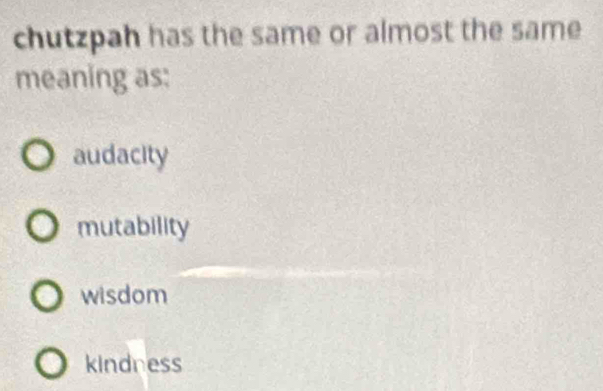 chutzpah has the same or almost the same
meaning as:
audacity
mutability
wisdom
kindness