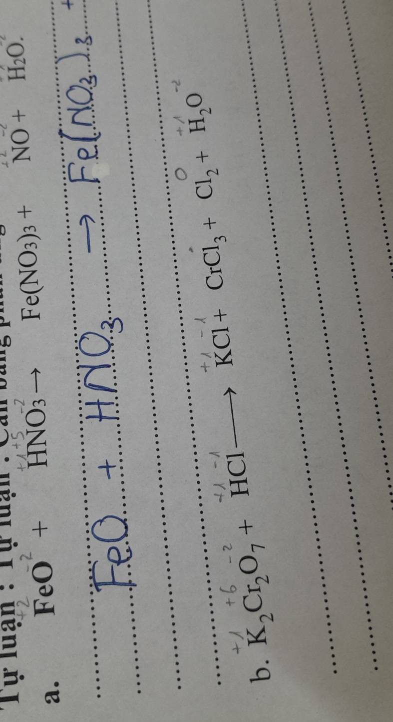 Tự 1uan:1 ` luan . 
a.
FeO + HNO3 → Fe(NO3)3 + NO + H2O
_ 
_ 
_ 
_ 
_ 
_ 
_ 
_ 
b. K_2Cr_2O_7+HClto KCl+CrCl_3+Cl_2+H_2O ___ 
_ 
_