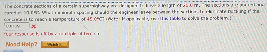 The concrete sections of a certain superhighway are designed to have a length of 26.0 m. The sections are poured and 
cured at 10.0°C. What minimum spacing should the engineer leave between the sections to eliminate buckling if the 
concrete is to reach a temperature of 45.0°C ? (Note: If applicable, use this table to solve the problem.)
0.0109
Your response is off by a multiple of ten. cm
Need Help? Watch It