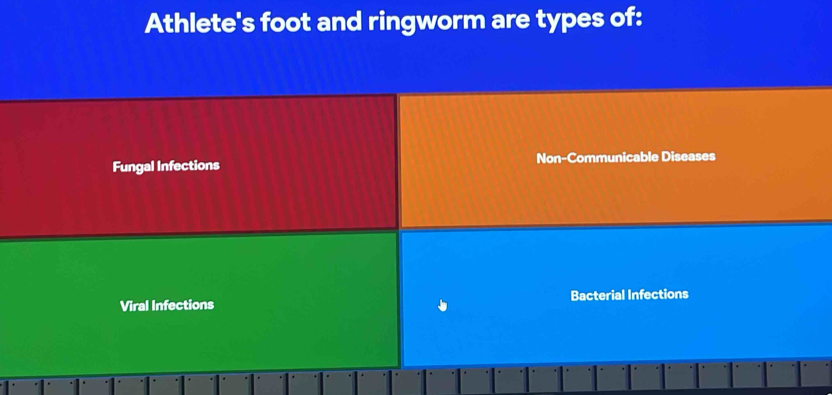 Athlete's foot and ringworm are types of:
Fungal Infections Non-Communicable Diseases
Viral Infections Bacterial Infections
T T T T