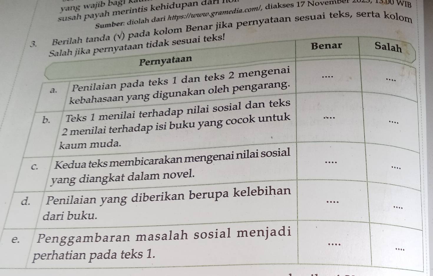 yang wajib b ag i k u 
susah payah merintis kehidup an r 
Sumber: diolah dari https://www.gramedia.com/, diakses 17 November 2049,13.00 WIB 
enar jika pernyataan sesuai teks, serta kolom