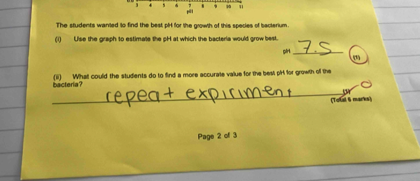 3 4 5 6 7 8 9 10 11 
pl l 
The students wanted to find the best pH for the growth of this species of bacterium. 
(i) Use the graph to estimate the pH at which the bacteria would grow best. 
pH_ 
(1) 
(ii) What could the students do to find a more accurate value for the best pH for growth of the 
bacteria? 
_ar 
(Total 6 marks) 
Page 2 of 3