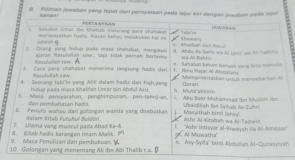 Kolanya masing- 
B. Pilihlah jawaban yang tepat dari pernyataan pada lajur kiri denda lajuf 
’
h