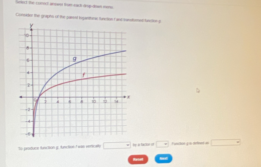 Sellect the correct answer from each drop-down menu 
Consider the graphs of the parent loganthmic function f and transformed function g
To produce function g, function I was vertically □ by a factor of □ Function g is defined as □
Reset Next