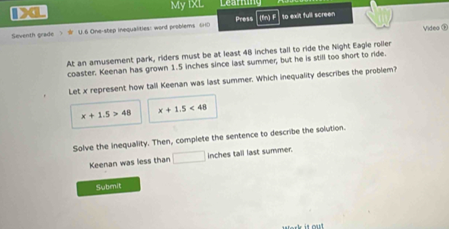 Solved: a My IXL Learning Seventh grade * U.6 One-step inequalities ...