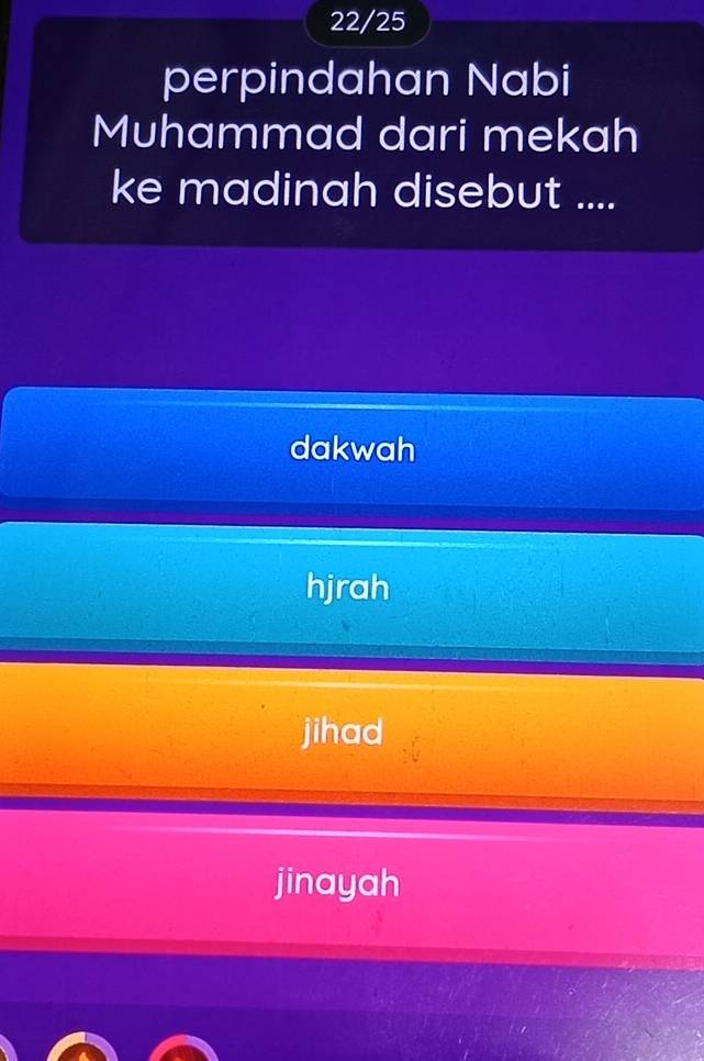 22/25
perpindahan Nabi
Muhammad dari mekah
ke madinah disebut ....
dakwah
hjrah
jihad
jinayah