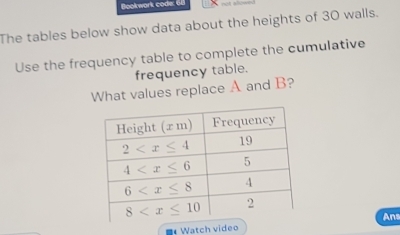 Bookwark code: 68
The tables below show data about the heights of 30 walls.
Use the frequency table to complete the cumulative
frequency table.
What values replace A and B?
Ans
Watch video