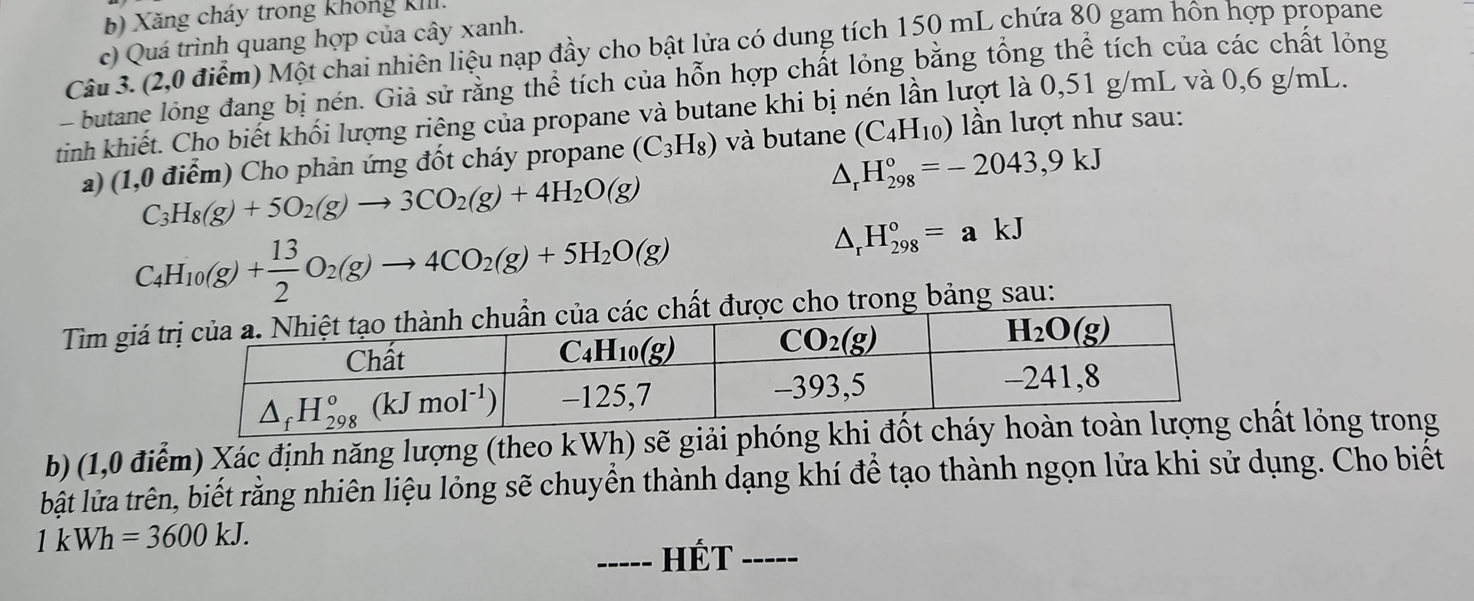 Xăng cháy trong không kII
c) Quá trình quang hợp của cây xanh.
Câu 3. (2,0 điểm) Một chai nhiên liệu nạp đầy cho bật lửa có dung tích 150 mL chứa 80 gam hôn hợp propane
butane lỏng đang bị nén. Giả sử rằng thể tích của hỗn hợp chất lỏng bằng tổng thể tích của các chất lỏng
tinh khiết. Cho biết khối lượng riêng của propane và butane khi bị nén lần lượt là 0,51 g/mL và 0,6 g/mL.
a) (1,0 điểm) Cho phản ứng đốt cháy propane (C_3H_8) và butane (C_4H_10) ln lượt như sau:
△ _rH_(298)°=-2043,9kJ
C_3H_8(g)+5O_2(g)to 3CO_2(g)+4H_2O(g)
C_4H_10(g)+ 13/2 O_2(g)to 4CO_2(g)+5H_2O(g)
△ _rH_(298)°=akJ
Tìm giá ược cho trong bảng sau:
b) (1,0 điểm) Xác định năng lượng (theo kWh) sẽ giải phónhất lỏng trong
lật lửa trên, biết rằng nhiên liệu lỏng sẽ chuyển thành dạng khí để tạo thành ngọn lửa khi sử dụng. Cho biết
1 k Wh=3600kJ.
_HÉT_