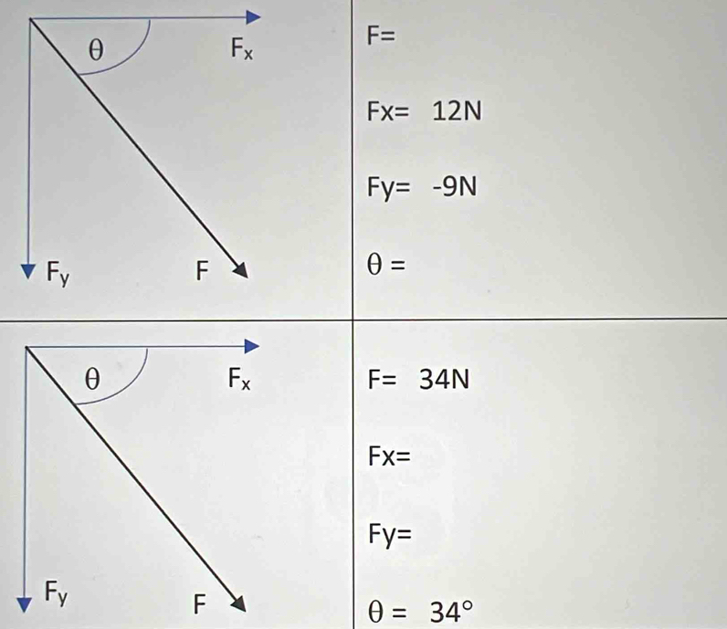 F=
Fx=12N
Fy=-9N
θ =
F=34N
Fx=
Fy=
θ =34°