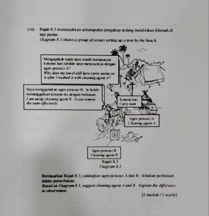 (iii) Rajah 8.3 menunjukkan sekumpulan pengakap sedang mendirikan khemah di 
tepi pantai . 
Berdasarkan Rajah 8.3, cadangkan agen pencuci A dan B. Jelaskan perbezaan 
dalam pemerhatian. 
Based on Diagram 8.3, suggest cleaning agent A and B. Explain the difference 
in observation. 
[5 markah / 5 marks]