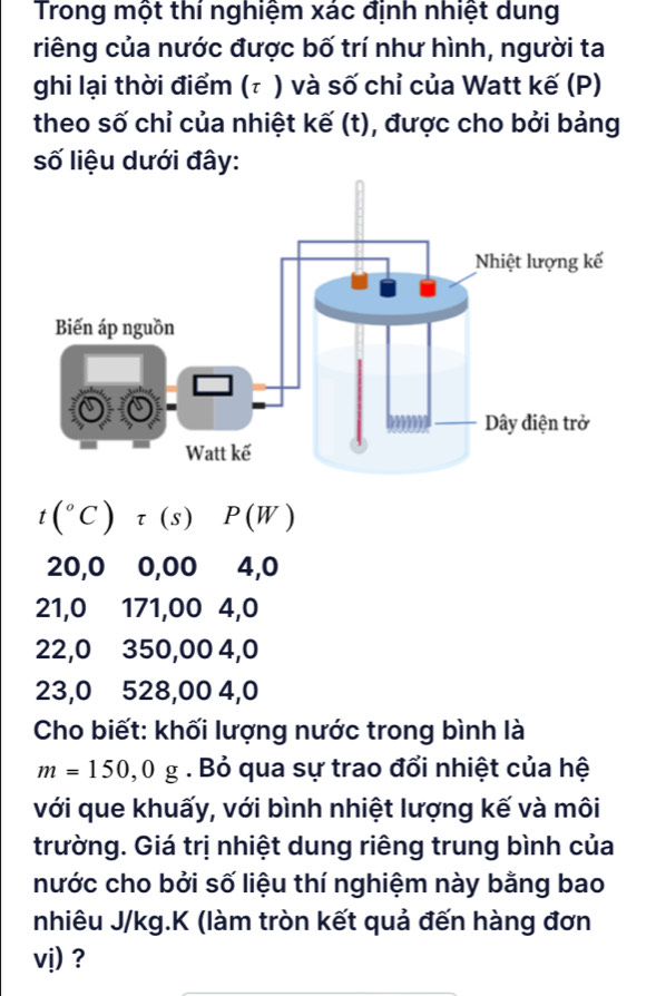 Trong một thí nghiệm xác định nhiệt dung
riêng của nước được bố trí như hình, người ta
ghi lại thời điểm (τ ) và số chỉ của Watt kế (P)
theo số chỉ của nhiệt kế (t), được cho bởi bảng
số liệu dưới đây:
t(^circ C)tau (s) P(W)
20,0 0,00 4,0
21,0 171,00 4, 0
22,0 350,00 4,0
23, 0 528,00 4,0
Cho biết: khối lượng nước trong bình là
m=150,0g. Bỏ qua sự trao đổi nhiệt của hệ
với que khuấy, với bình nhiệt lượng kế và môi
trường. Giá trị nhiệt dung riêng trung bình của
nước cho bởi số liệu thí nghiệm này bằng bao
nhiêu J/kg.K (làm tròn kết quả đến hàng đơn
vị) ?