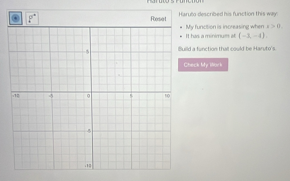 Haruto s runction 
. 
Reset Haruto described his function this way: 
My function is increasing when x>0, 
It has a minimum at (-3,-4). 
ld a function that could be Haruto's. 
heck My Work