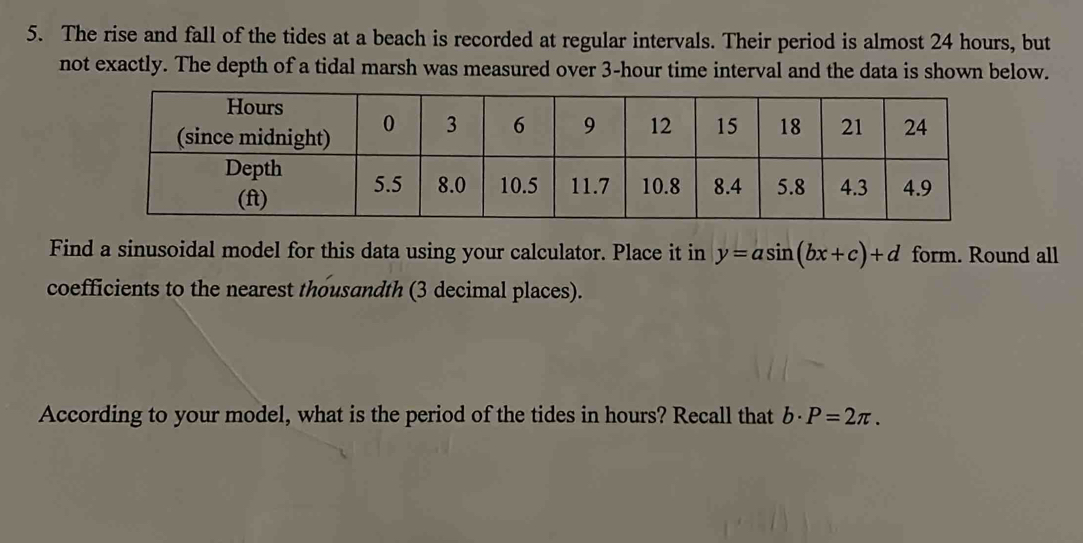 The rise and fall of the tides at a beach is recorded at regular intervals. Their period is almost 24 hours, but 
not exactly. The depth of a tidal marsh was measured over 3-hour time interval and the data is shown below. 
Find a sinusoidal model for this data using your calculator. Place it in y=asin (bx+c)+d form. Round all 
coefficients to the nearest thousandth (3 decimal places). 
According to your model, what is the period of the tides in hours? Recall that b· P=2π.