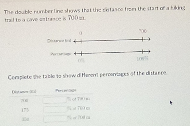 The double number line shows that the distance from the start of a hiking 
trail to a cave entrance is 700 m
Complete the table to show different percentages of the distance 
Distance í) Percentage
700 % of 700 m
175 of 700 m
350 of 700m