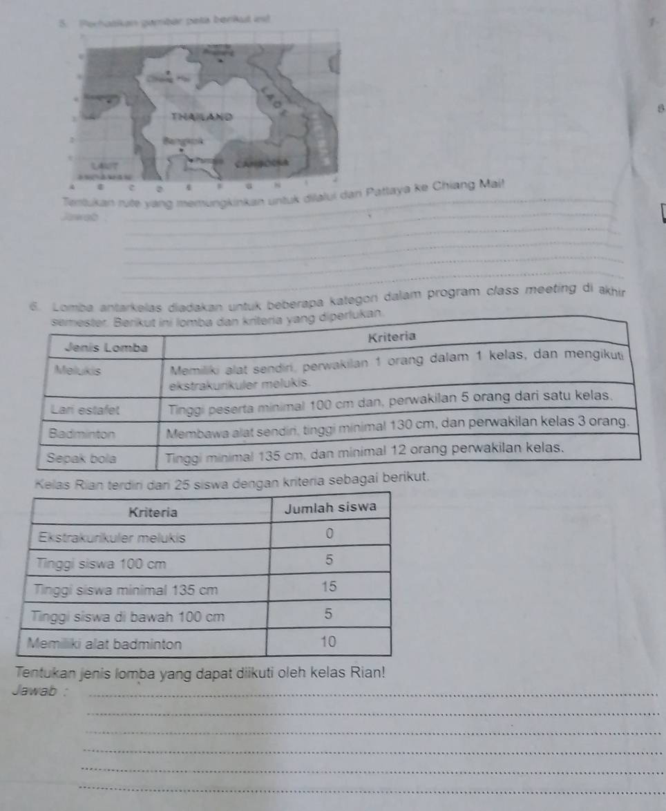 Perhatikan gambar peta benikut int 
s 
Tentukan rute yang merungkinkan untuk dilaluiPatlaya ke Chiang Mai! 
Jaweb 
6. Lomba antarkelas diadakan untuk beberapa kategon dalam program class meeting di akhir 
Kelas Rian terdiri dari 25 siswa dengan kriteria sebagai 
Tentukan jenis lomba yang dapat diikuti oleh kelas Rian! 
Jawab :_ 
_ 
_ 
_ 
_ 
_