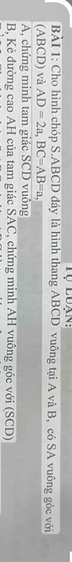 Tự Luạn: 
BÀI 1: Cho hình chóp S. ABCD đáy là hình thang ABCD vuông tại A và B, có SA vuông góc với 
(ABCD) và AD=2a, BC=AB=a, 
A, chứng minh tam giác SCD vuông
B, Kẻ đường cao AH của tam giác SAC, chứng minh AH vuông góc với (SCD)
