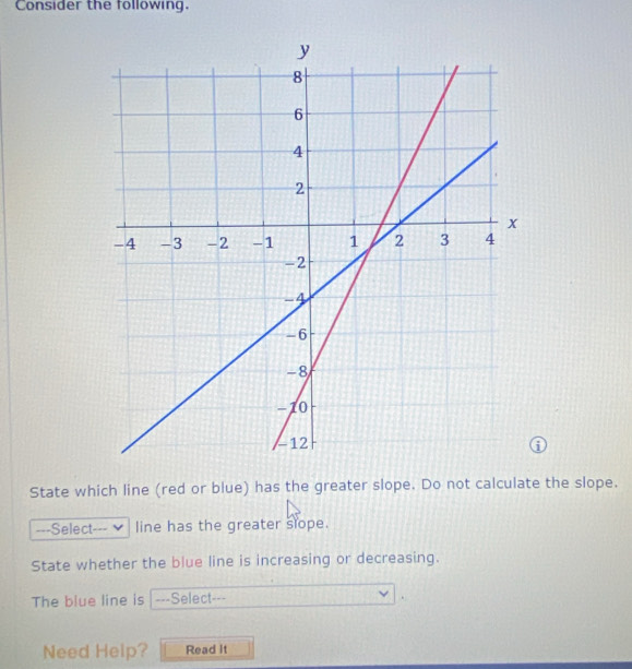 Consider the following. 
State which line (red or blue) has the greater slope. Do not calculate the slope. 
===Select=== line has the greater slope. 
State whether the blue line is increasing or decreasing. 
The blue line is |---Select--- 
Need Help? Read It