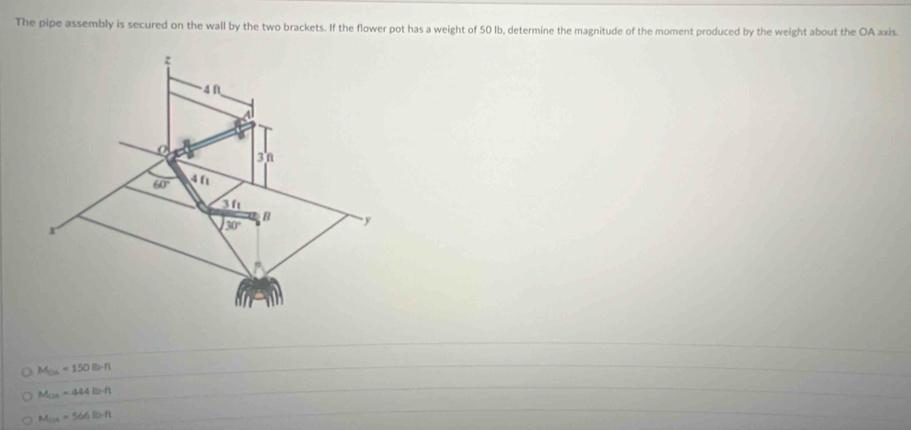 The pipe assembly is secured on the wall by the two brackets. If the flower pot has a weight of 50 Ib, determine the magnitude of the moment produced by the weight about the OA axis
M_OB=150B=n
M_Oa=444lb-ft
M_OA=566.10-11