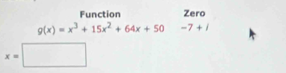 Function Zero
g(x)=x^3+15x^2+64x+50 -7+i
x=□