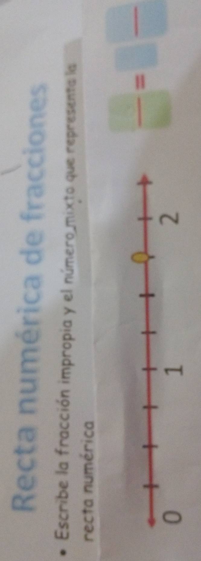 Recta numérica de fracciones 
Escribe la fracción impropia y el número mixto que representa la 
recta numérica
 □ /□  =□  □ /□  