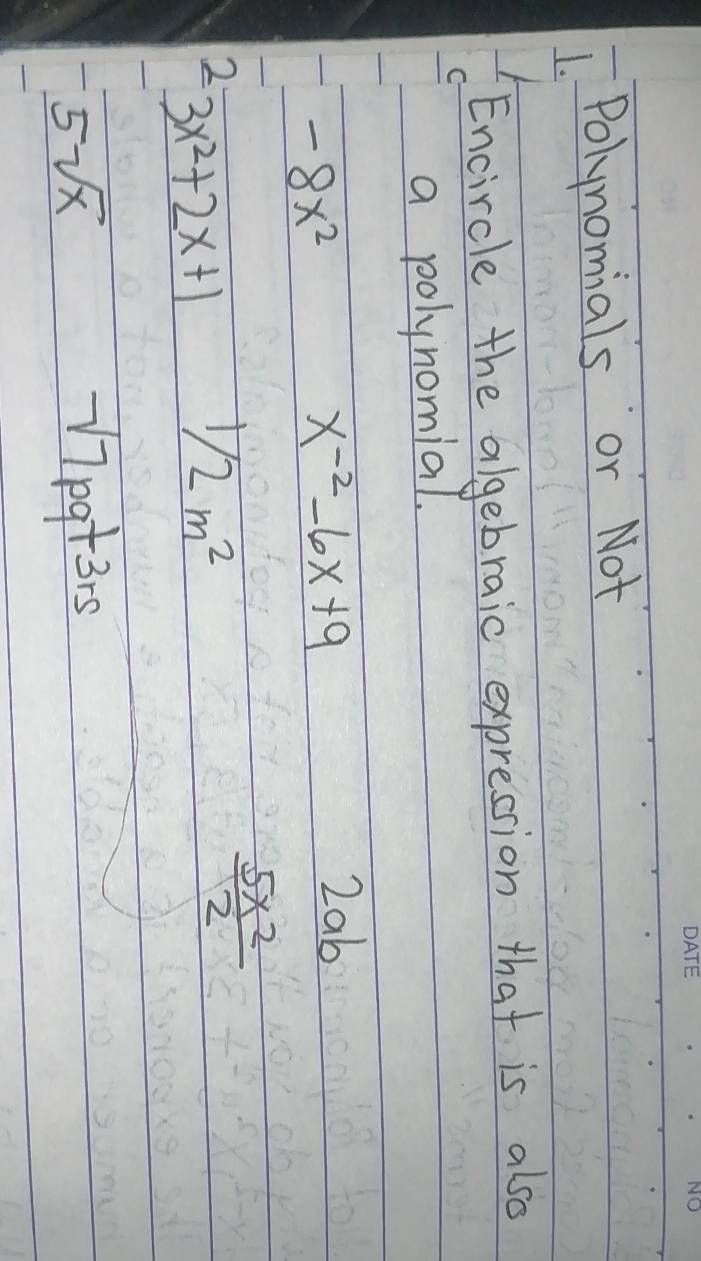 Polynomials or Not 
Encircle the algebraic expression that is also 
a polynomial.
-8x^2
x^(-2)-6x+9
2ab
2 3x^2+2x+1
1/2m^2
 5x^2/2 
5sqrt(x)
sqrt(7)pq+3rs