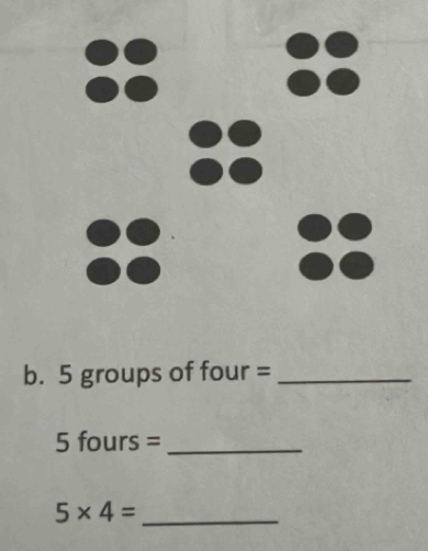 5 groups of four =_
5 fours =_ 
5* 4= _