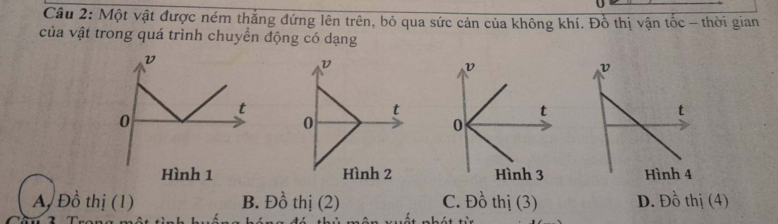 Một vật được ném thắng đứng lên trên, bỏ qua sức cản của không khí. Đồ thị vận tốc - thời gian
của vật trong quá trình chuyển động có dạng
Hình 1
A, Đồ thị (1) B. Dhat o thị (2) C. Dhat O D. Đồ thị (4)