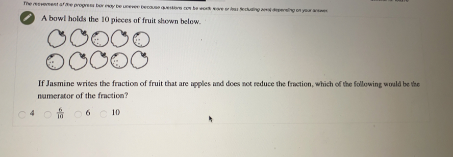 The movement of the progress bar may be uneven because questions can be worth more or less (including zero) depending on your answer.
A bowl holds the 10 pieces of fruit shown below.
If Jasmine writes the fraction of fruit that are apples and does not reduce the fraction, which of the following would be the
numerator of the fraction?
4  6/10  6 10