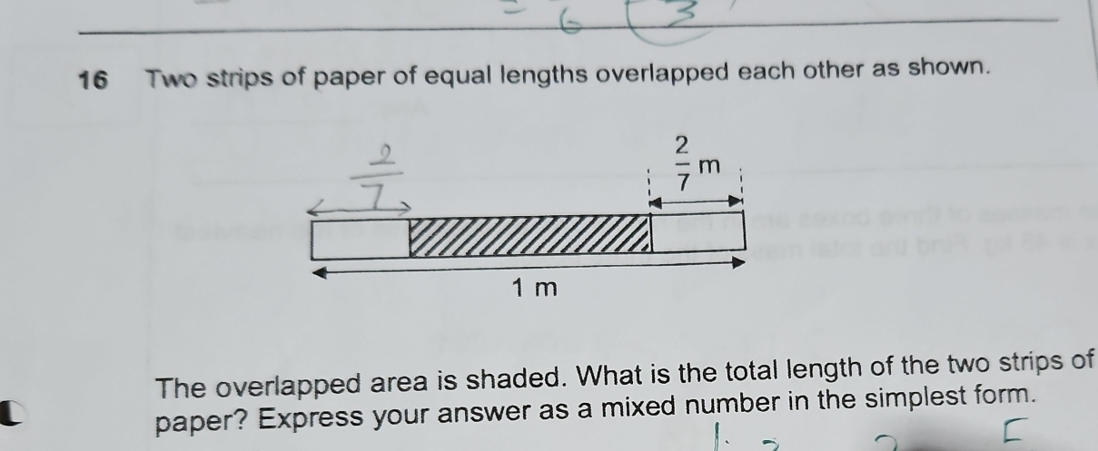 Two strips of paper of equal lengths overlapped each other as shown.
The overlapped area is shaded. What is the total length of the two strips of
paper? Express your answer as a mixed number in the simplest form.