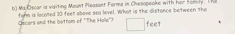 Ms Oscar is visiting Mount Pleasant Farms in Chesapeake with her family. The 
farm is located 10 feet above sea level. What is the distance between the 
Oscars and the bottom of “The Hole”? □  feet