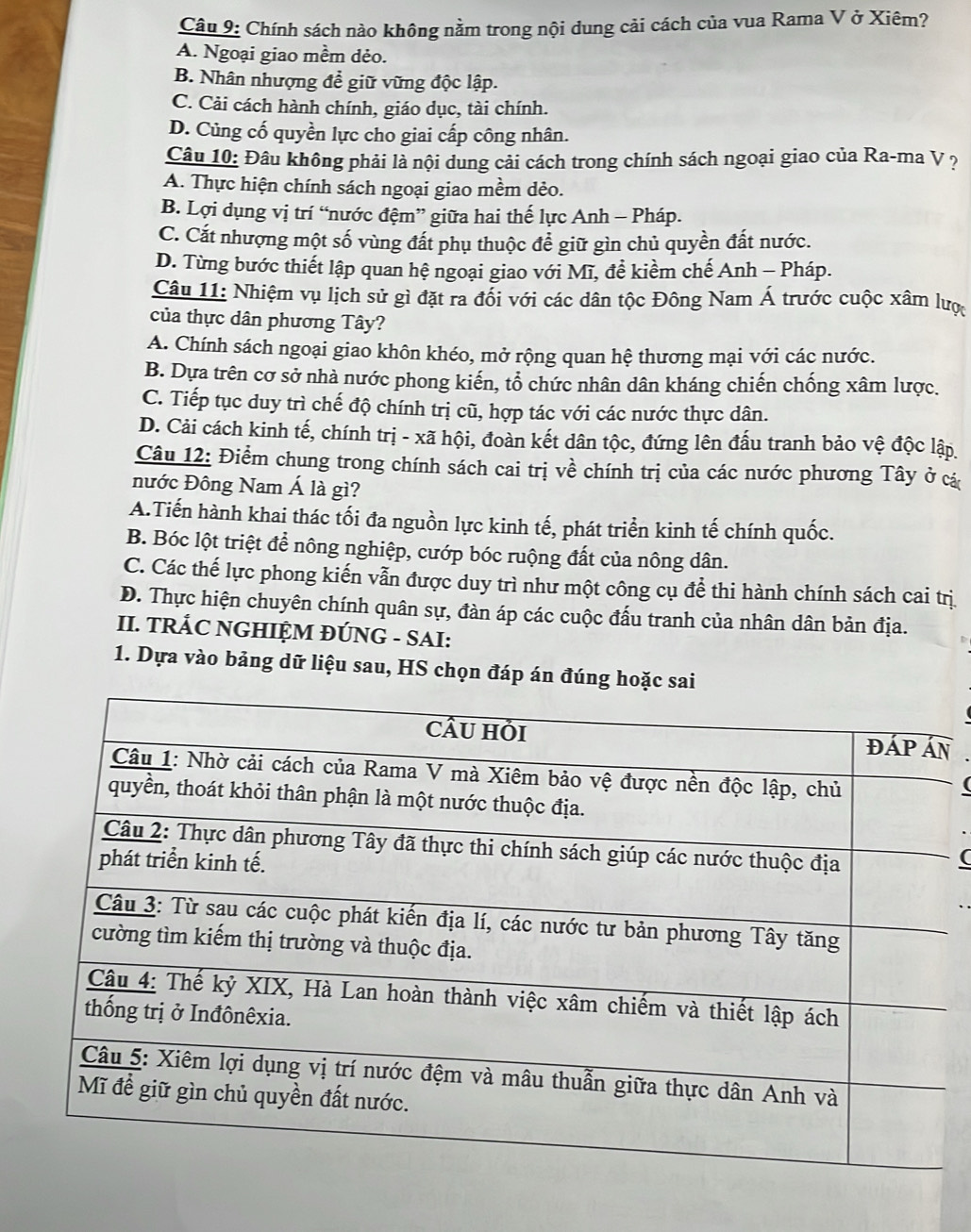 Chính sách nào không nằm trong nội dung cải cách của vua Rama V ở Xiêm?
A. Ngoại giao mềm dẻo.
B. Nhân nhượng để giữ vững độc lập.
C. Cải cách hành chính, giáo dục, tài chính.
D. Củng cố quyền lực cho giai cấp công nhân.
Câu 10: Đâu không phải là nội dung cải cách trong chính sách ngoại giao của Ra-ma V ?
A. Thực hiện chính sách ngoại giao mềm dẻo.
B. Lợi dụng vị trí “nước đệm” giữa hai thế lực Anh - Pháp.
C. Cắt nhượng một số vùng đất phụ thuộc để giữ gìn chủ quyền đất nước.
D. Từng bước thiết lập quan hệ ngoại giao với Mĩ, đề kiềm chế Anh - Pháp.
Câu 11: Nhiệm vụ lịch sử gì đặt ra đổi với các dân tộc Đông Nam Á trước cuộc xâm lược
của thực dân phương Tây?
A. Chính sách ngoại giao khôn khéo, mở rộng quan hệ thương mại với các nước.
B. Dựa trên cơ sở nhà nước phong kiến, tổ chức nhân dân kháng chiến chống xâm lược.
C. Tiếp tục duy trì chế độ chính trị cũ, hợp tác với các nước thực dân.
D. Cải cách kinh tế, chính trị - xã hội, đoàn kết dân tộc, đứng lên đấu tranh bảo vệ độc lập
Câu 12: Điểm chung trong chính sách cai trị về chính trị của các nước phương Tây ở cá
nước Đông Nam Á là gì?
A.Tiến hành khai thác tối đa nguồn lực kinh tế, phát triển kinh tế chính quốc.
B. Bóc lột triệt để nông nghiệp, cướp bóc ruộng đất của nông dân.
C. Các thế lực phong kiến vẫn được duy trì như một công cụ để thi hành chính sách cai trị
D. Thực hiện chuyên chính quân sự, đàn áp các cuộc đấu tranh của nhân dân bản địa.
II. TRÁC NGHIỆM ĐÚNG - SAI:
1. Dựa vào bảng dữ liệu sau, HS chọn đáp án đúng ho
n
(