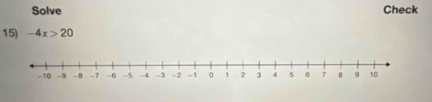 Solve Check 
15) -4x>20