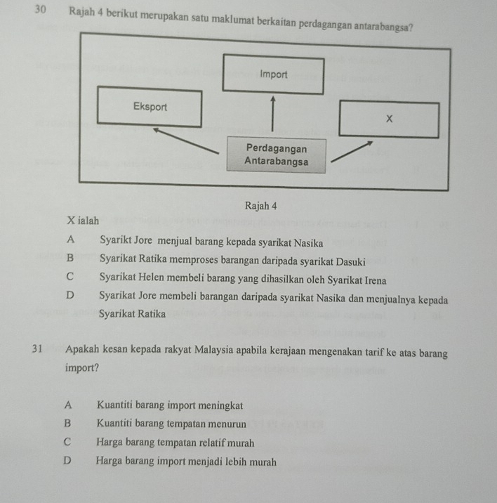 Rajah 4 berikut merupakan satu maklumat berkaitan perdagangan antarabangsa?
Rajah 4
X ialah
A Syarikt Jore menjual barang kepada syarikat Nasika
B Syarikat Ratika memproses barangan daripada syarikat Dasuki
C Syarikat Helen membeli barang yang dihasilkan oleh Syarikat Irena
D Syarikat Jore membeli barangan daripada syarikat Nasika dan menjualnya kepada
Syarikat Ratika
31 Apakah kesan kepada rakyat Malaysia apabila kerajaan mengenakan tarif ke atas barang
import?
A Kuantiti barang import meningkat
B Kuantiti barang tempatan menurun
C Harga barang tempatan relatif murah
D Harga barang import menjadi lebih murah