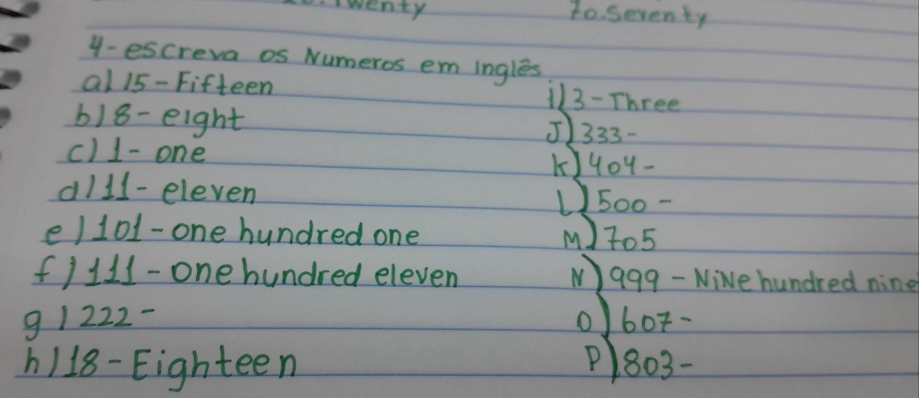 wenty 
70. Seventy 
4- escreva os Numeros em ingles 
al 15 -Fifteen
13 - Three
618 -eight 
= 333 -
c11 - one 1404 - 
d111-eleven 
V500- 
e/ 101 -one hundred one M) 705
f/ 111 -one hundred eleven 
Wag9 - NiNe hundred nine 
9 1222 - 0bot- 
h118- Eighteen P803 -