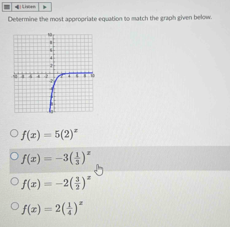 Listen
Determine the most appropriate equation to match the graph given below.
f(x)=5(2)^x
f(x)=-3( 1/3 )^x
f(x)=-2( 3/2 )^x
f(x)=2( 1/4 )^x