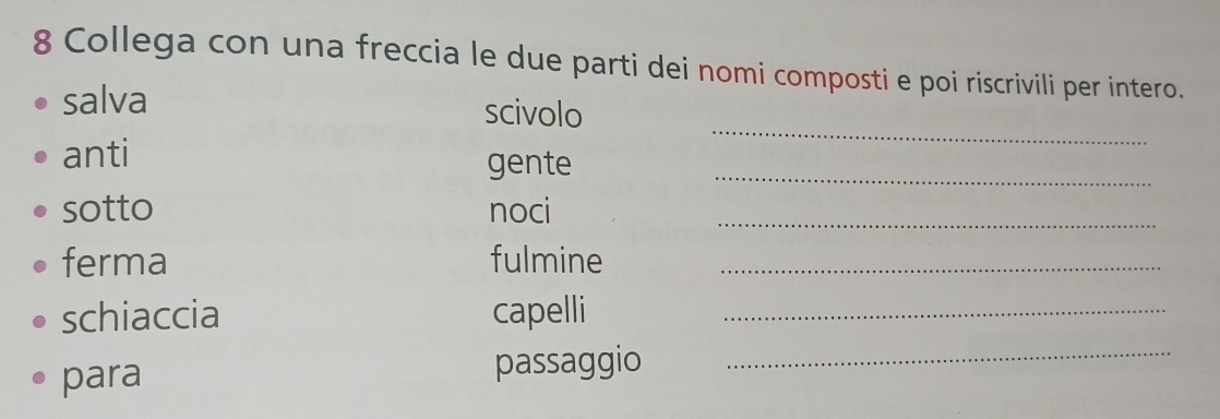 Collega con una freccia le due parti dei nomi composti e poi riscrivili per intero. 
_ 
salva scivolo 
_ 
anti 
gente 
sotto noci_ 
ferma fulmine_ 
schiaccia capelli_ 
para passaggio_