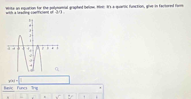 Write an equation for the polynomial graphed below. Hint: It's a quartic function, give in factored form 
with a leading coefficient of -2/3.
y(x)=□
Basic Funcs Trig
x
χ
χ ^ n ↑ 1