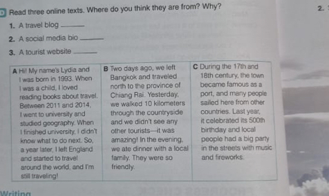 Read three online texts. Where do you think they are from? Why? 
2. 
1. A travel blog_ 
2. A social media bio_ 
3. A tourist website_ 
Writing