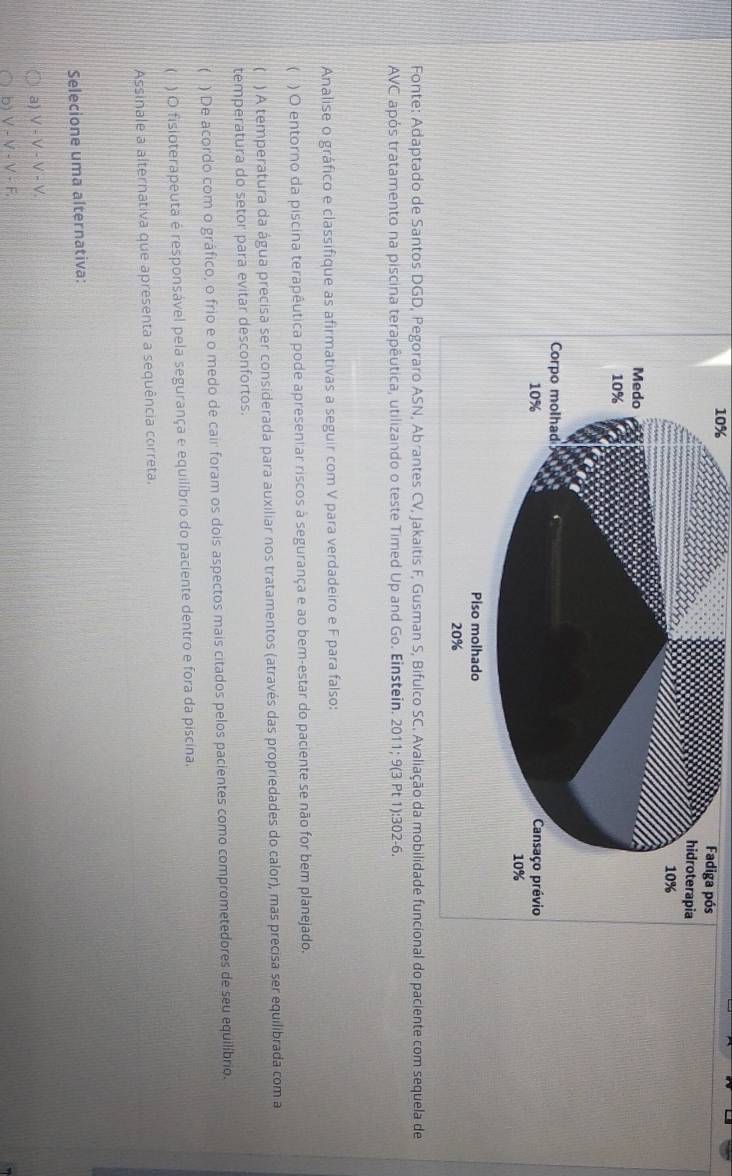 10% 
Fonte: Adaptado de Santos DG do paciente com sequela de
AVC após tratamento na piscina terapêutica, utilizando o teste Timed Up and Go. Einstein. 2011; 9(3 Pt 1):302-6.
Analise o gráfico e classifique as afirmativas a seguir com V para verdadeiro e F para falso:
 ) O entorno da piscina terapêutica pode apresentar riscos à segurança e ao bem-estar do paciente se não for bem planejado.
( ) A temperatura da água precisa ser considerada para auxiliar nos tratamentos (através das propriedades do calor), mas precisa ser equilibrada com a
temperatura do setor para evitar desconfortos.
( ) De acordo com o gráfico, o frio e o medo de cair foram os dois aspectos mais citados pelos pacientes como comprometedores de seu equilíbrio.
( ) O fisloterapeuta é responsável pela segurança e equilíbrio do paciente dentro e fora da piscina.
Assinale a alternativa que apresenta a sequência correta.
Selecione uma alternativa:
a) V-V-V-V.
b) V-V-V-F.