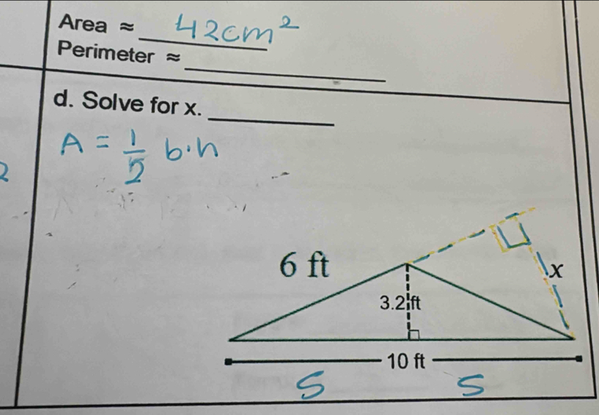 Area ≈
_ 
_ 
Perimeter ≈ 
_ 
d. Solve for x.